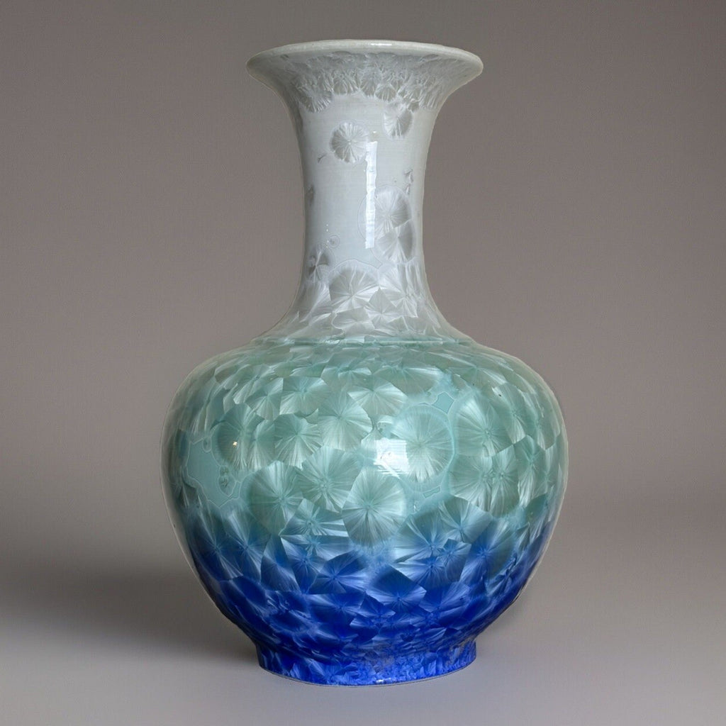 Chinese Shiwan Crystalline Glaze Vase 14” Blue Green Art Porcelain Pottery