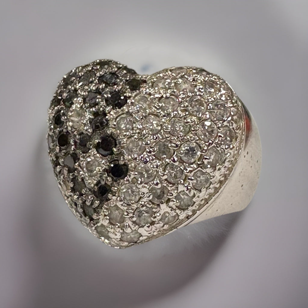 Vintage Sterling Silver Black White Gemstone Heart Ring  Size 5
