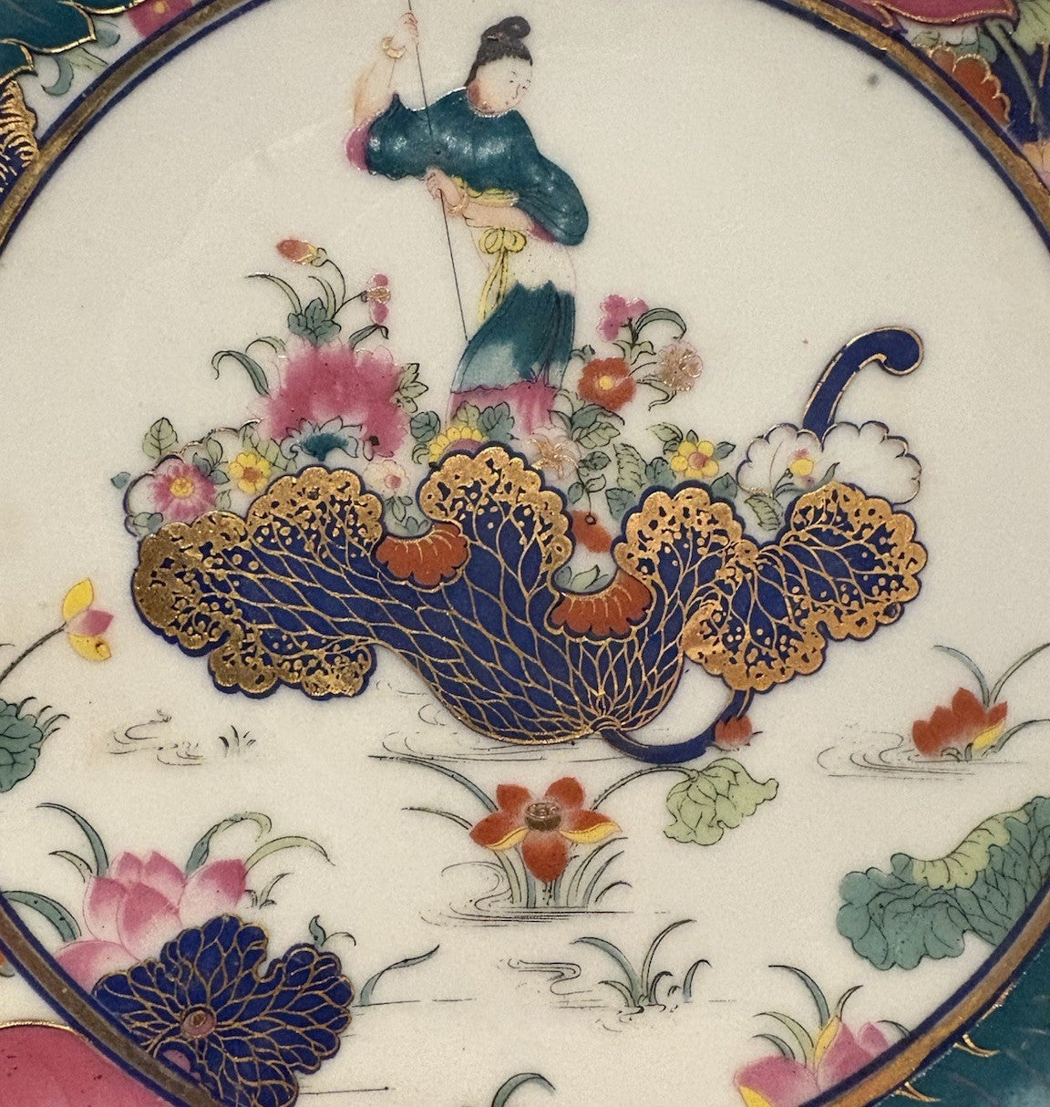 Chinese Famille Rose Porcelain Figural Floral Bowl, Late Qing, 12” Tobacco Leaf