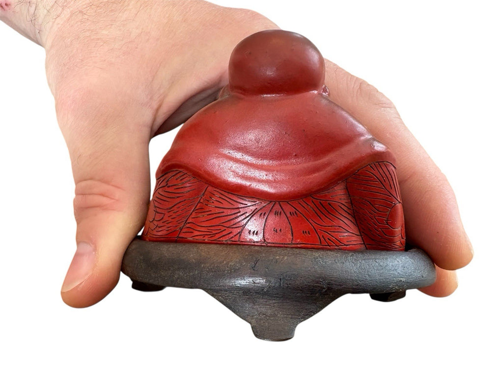 Vintage Red Laughing Buddha Figurine on Black Base – Asian