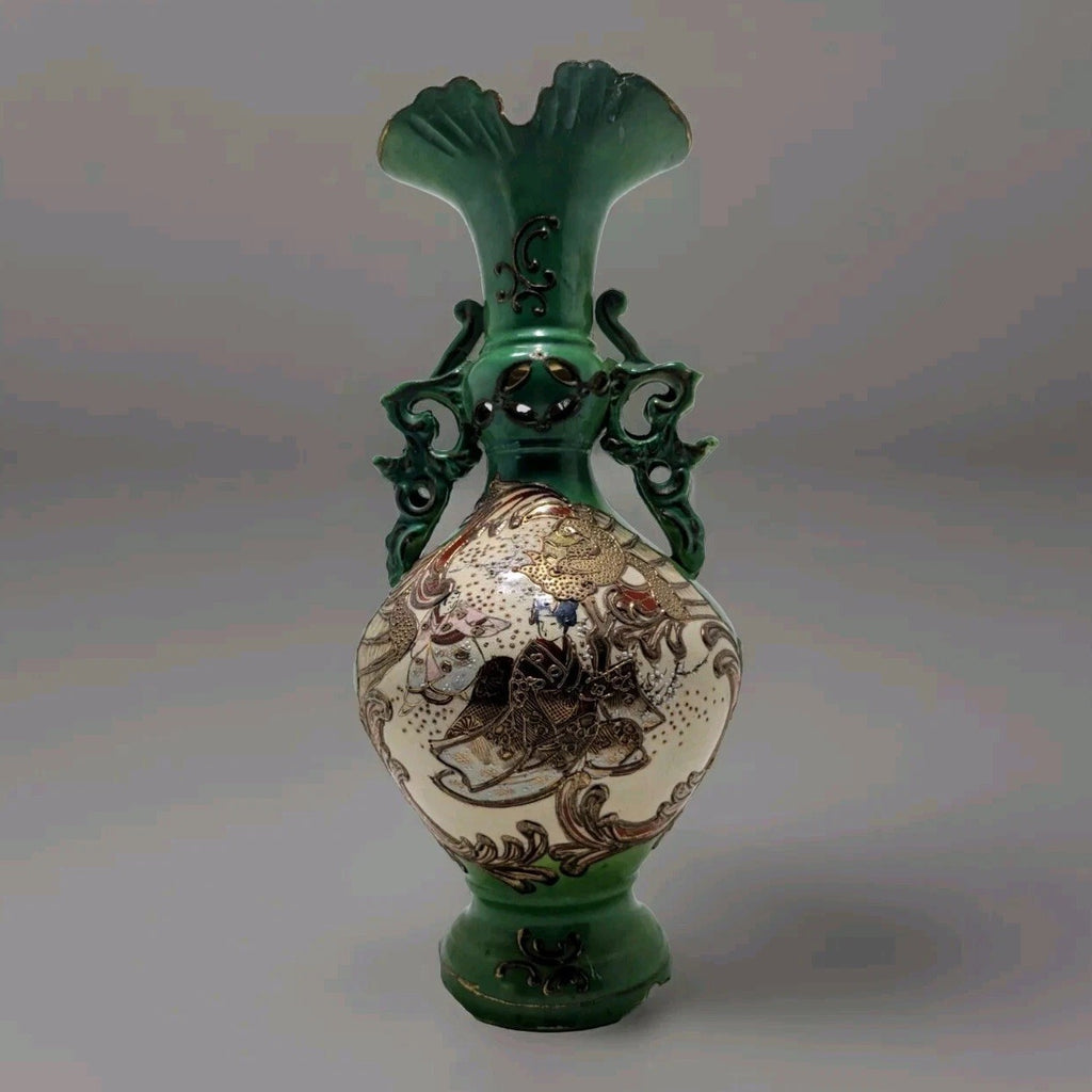 Vintage Japanese Satsuma-Style Hand Painted Vase – Green Glaze & Gold Gilding