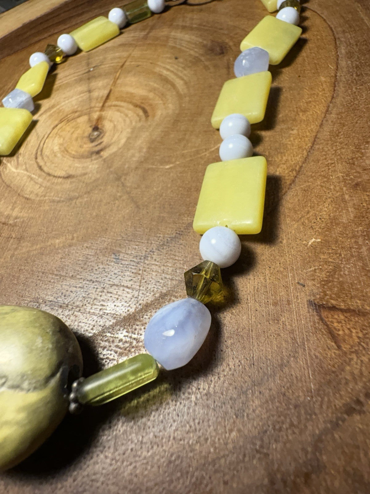 17” Beaded Necklace Yellow Stone, Blue Chalcedony & Sterling Silver Toggle