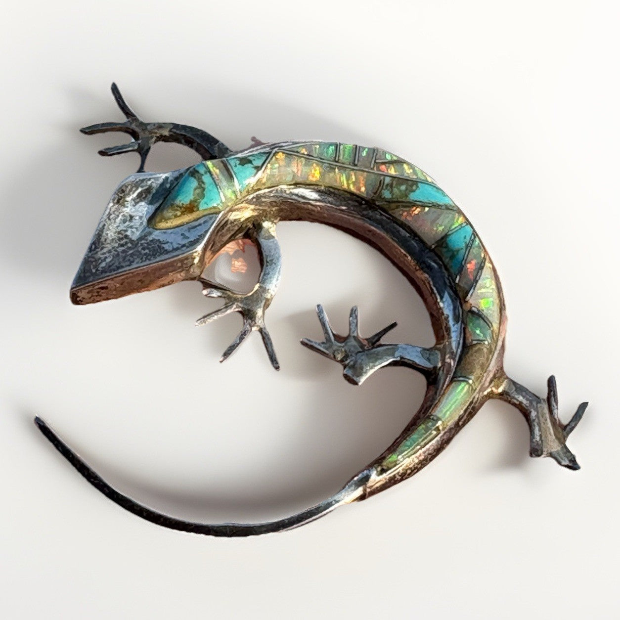 Sterling Silver Zuni Style Turquoise & Opal Inlay Lizard Brooch