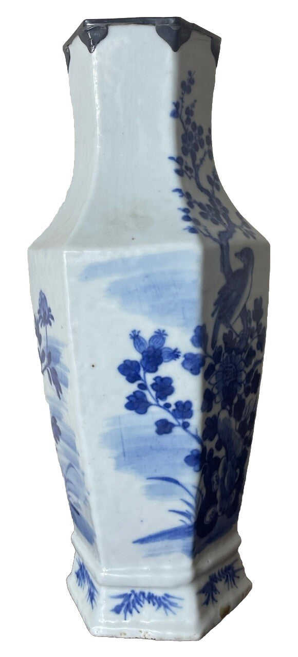 Rare Qing Dynasty Blue White Hexagonal Vase Bird Plum Blossom 1700s China