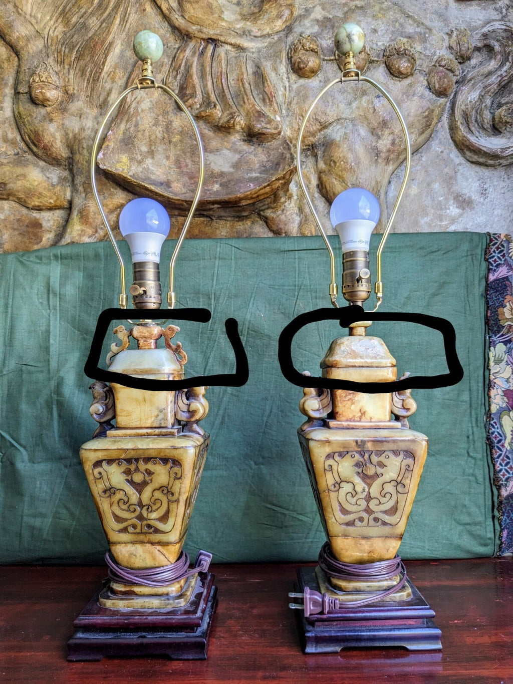 Pair of Chinese Carved Alabaster Lamps With Birds and Dragons