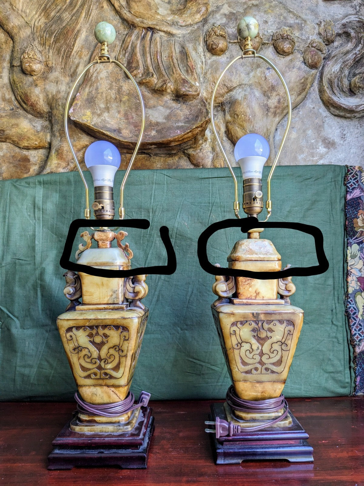 Pair of Chinese Carved Alabaster Lamps With Birds and Dragons
