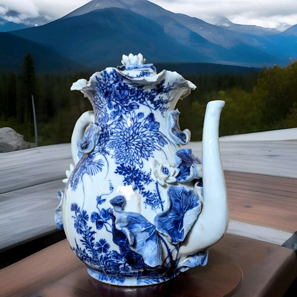 Rare 19thC Victorian Blue White Porcelain Pitcher Floral Relief Teapot Antique
