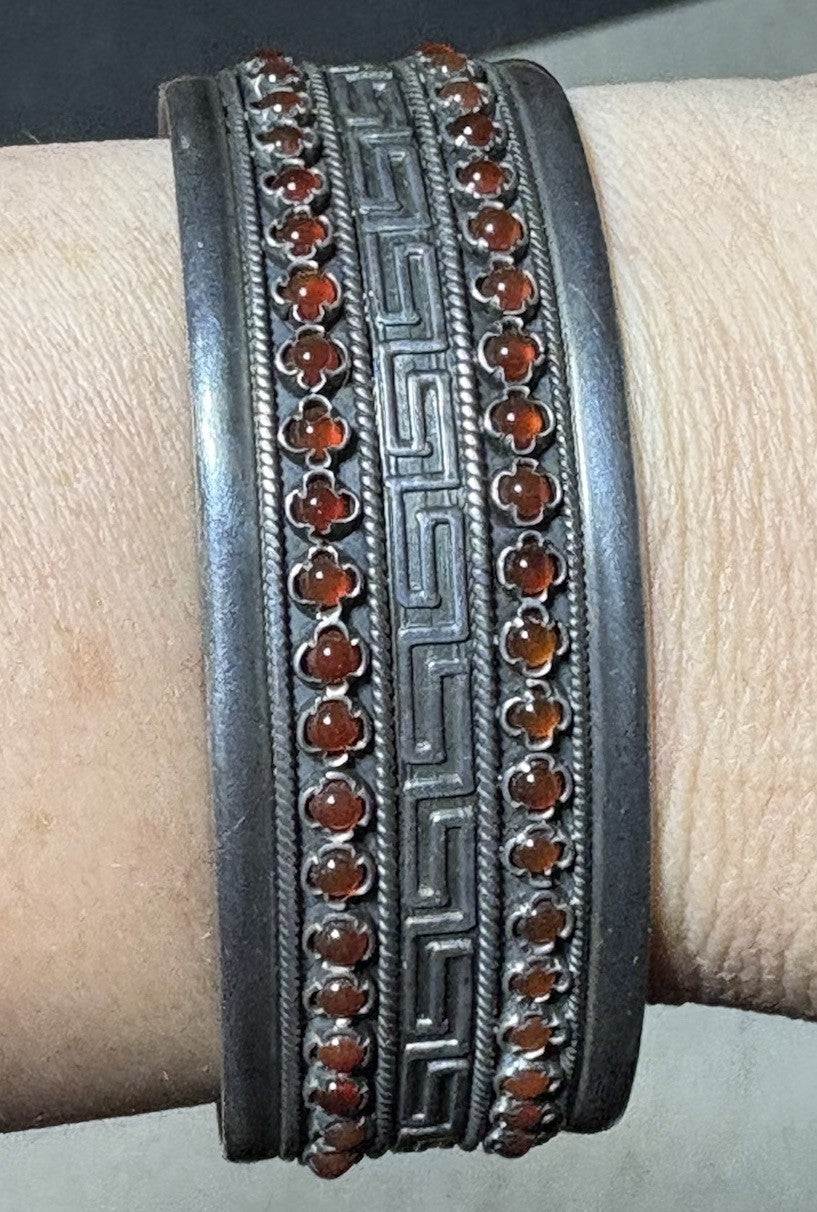KRISSO Greece Sterling 925 Carnelian Cuff Bracelet • Greek Key • Vintage Artisan