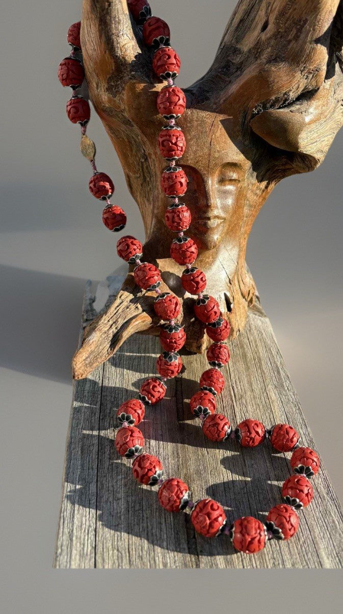 Antique Chinese Carved Cinnabar Bead Necklace – Republic Era, Filigree Clasp