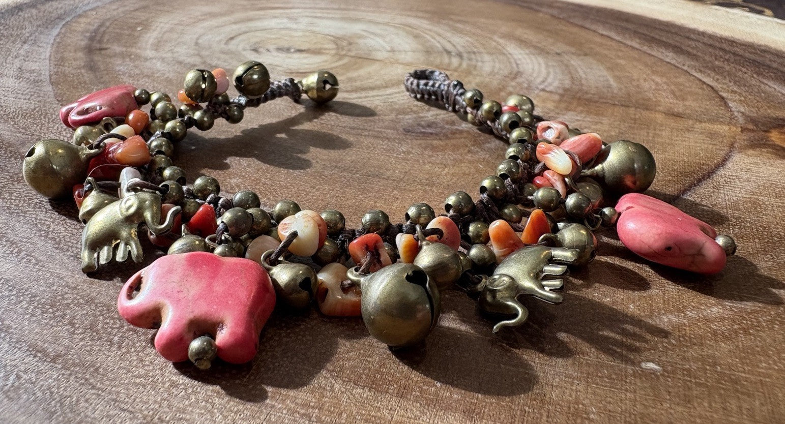 Handmade Boho Bracelet Coral Beads Elephant Charms Brass Beaded Jewelry 7”