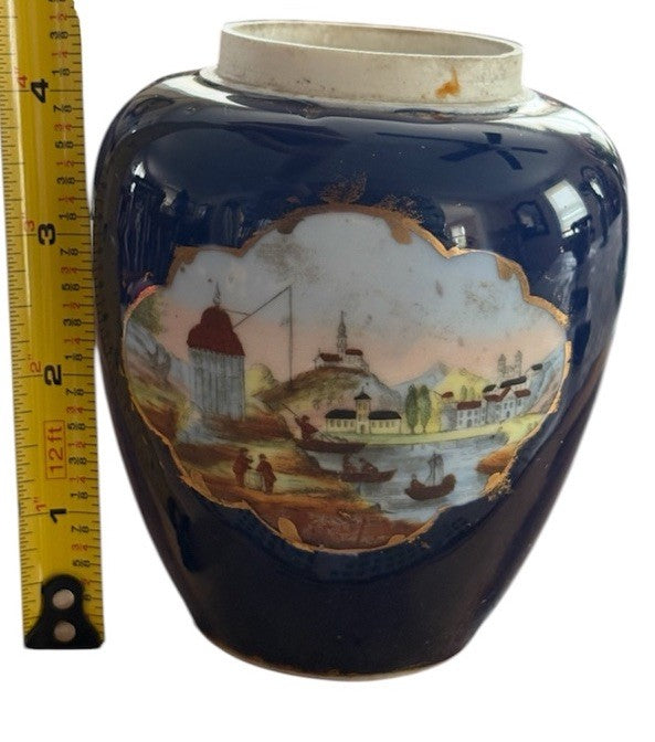 Antique 1830s Cobalt Blue Porcelain Vase Hand Painted Landscape Gold Gilt