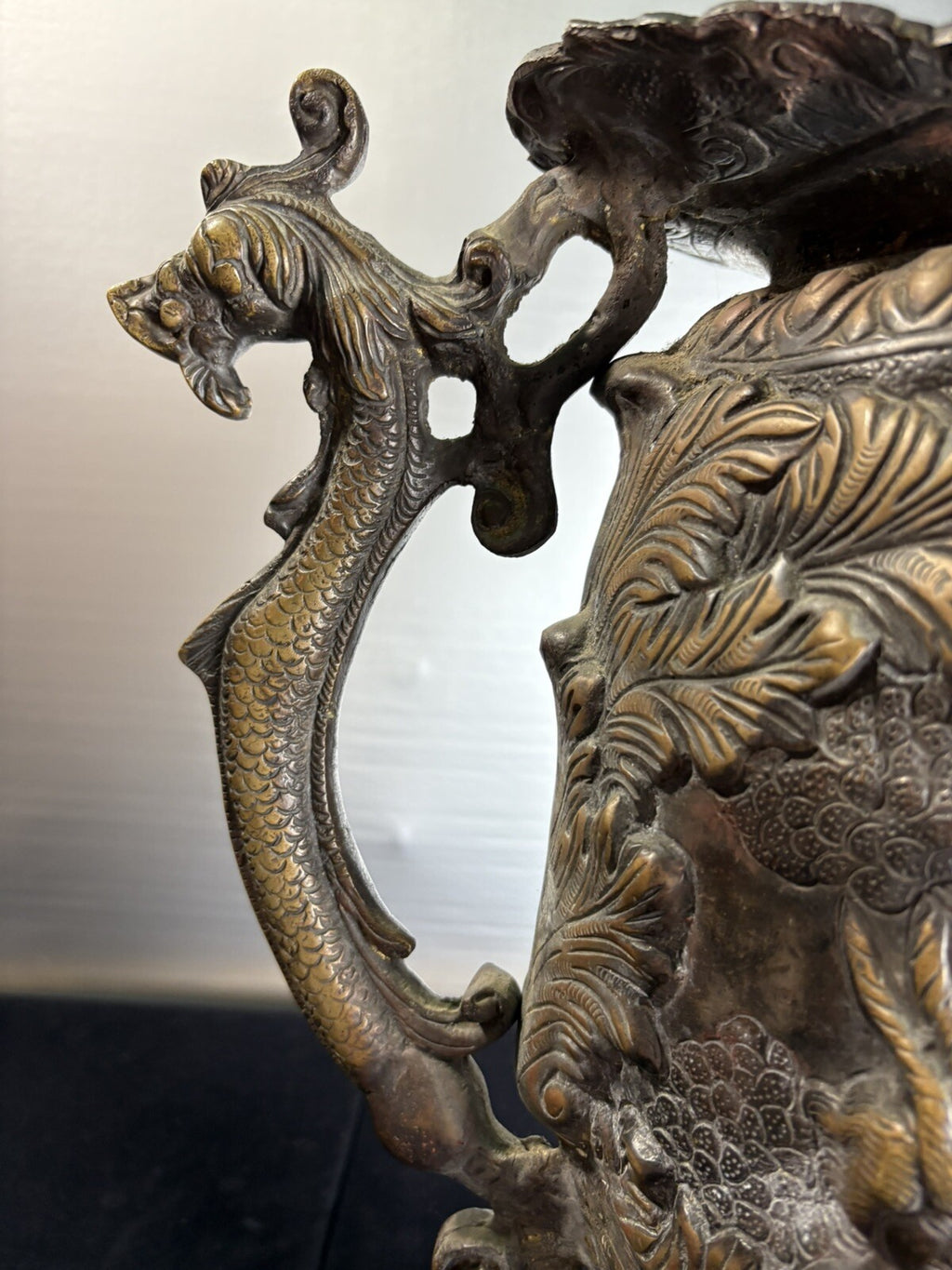 18” Rare Antique Bronze Urn Dragon Handles Mythological Relief 19th Century Art