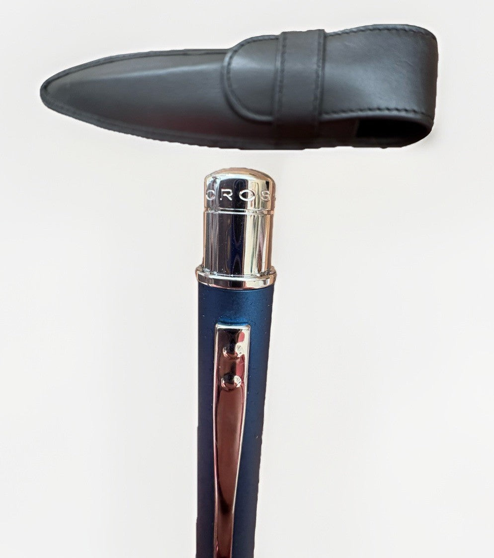 Cross Blue Satin Chrome Ballpoint Pen w/  Leather Case