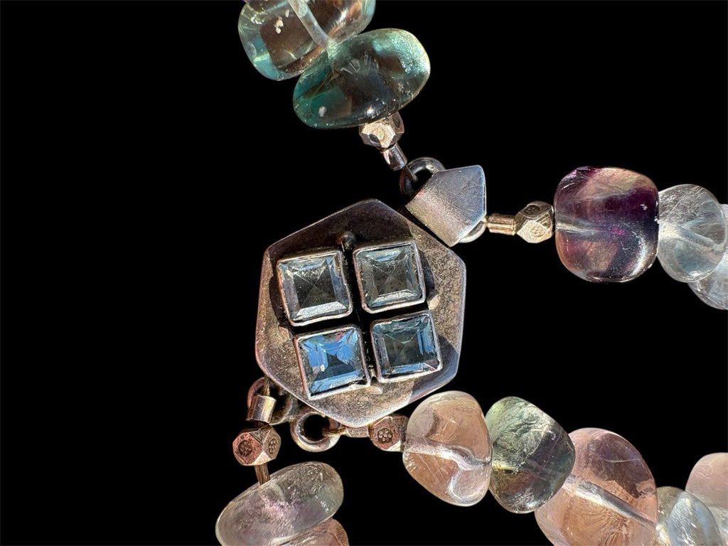 Fluorite Quartz Multi Strand Necklace Natural Gemstone Pearl Sterling Silver 16”