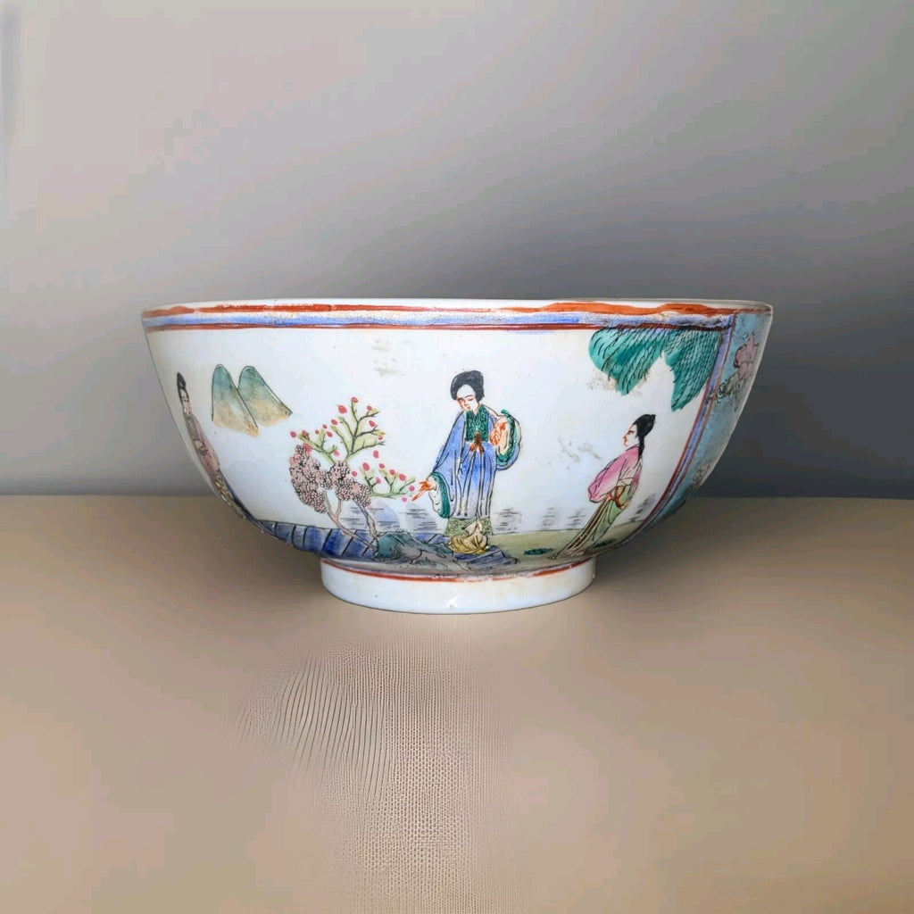 Vintage Macau Famille Rose Porcelain Serving Bowl With Hand Painted Bucolic Scen