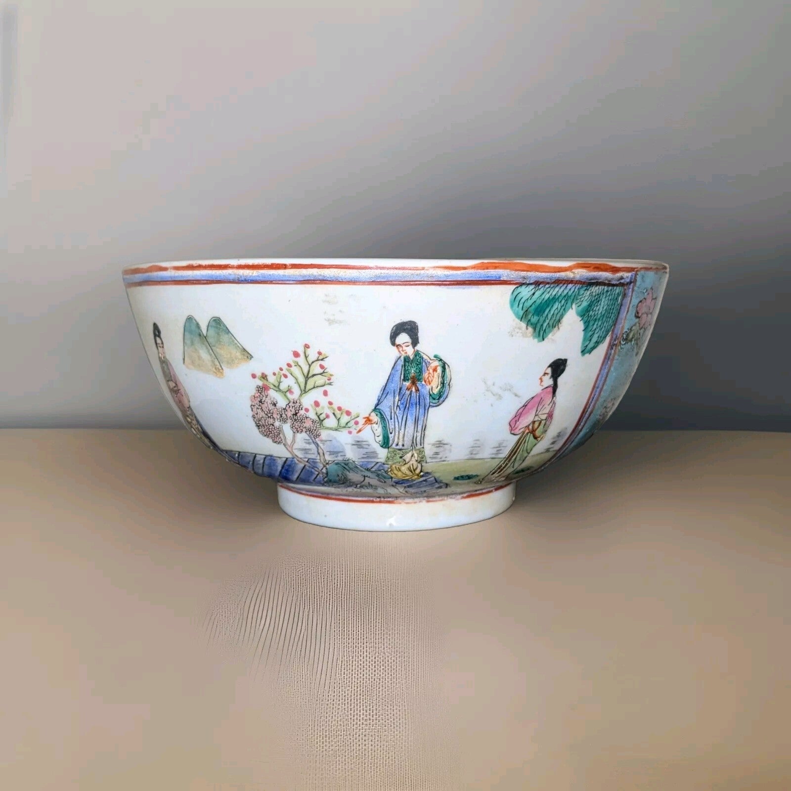 Vintage Macau Famille Rose Porcelain Serving Bowl With Hand Painted Bucolic Scen