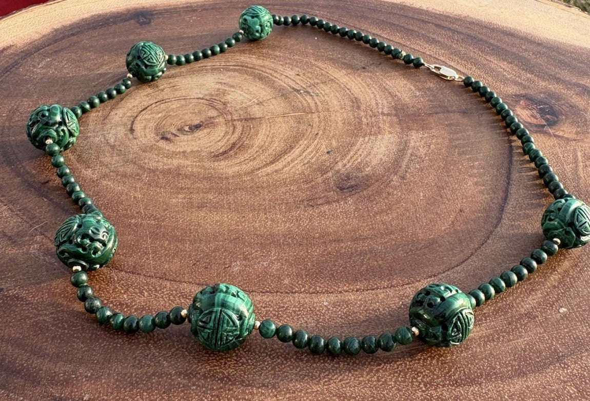 14k Vintage Carved Malachite Necklace Longevity Beads 18” Hand Knotted 14K Clasp