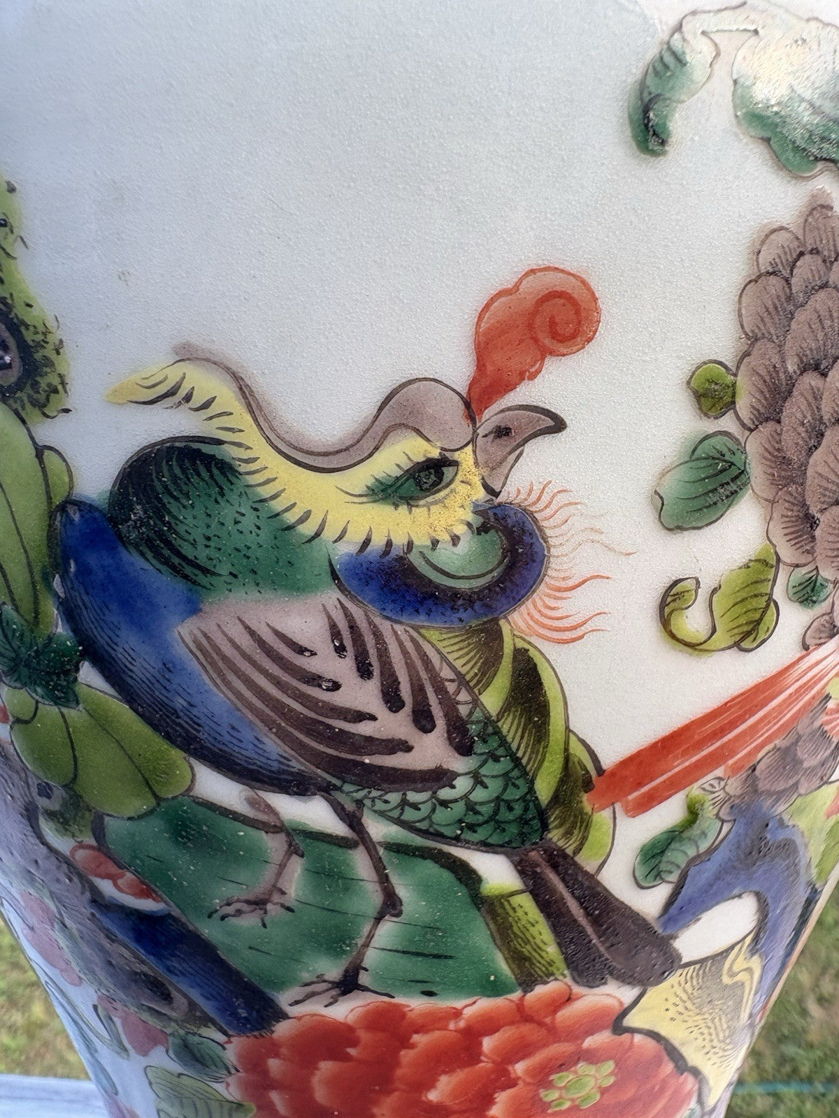 Antique Chinese 14" Famille Verte Phoenix & Peony Vase, Guangxu Era Style