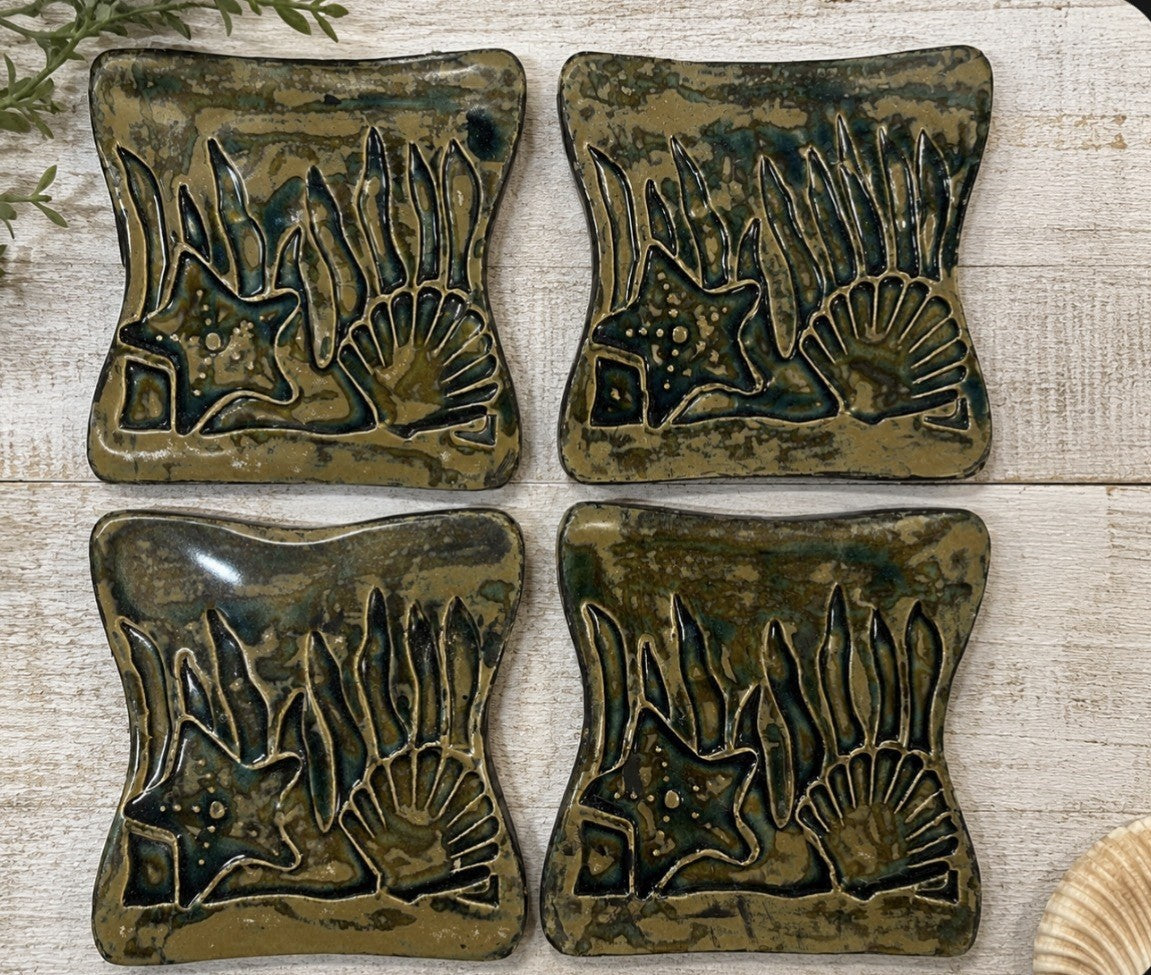 Vintage Joel Edwards Studio Pottery Sea Life Tile Coaster Set Signed Set Of MCM
