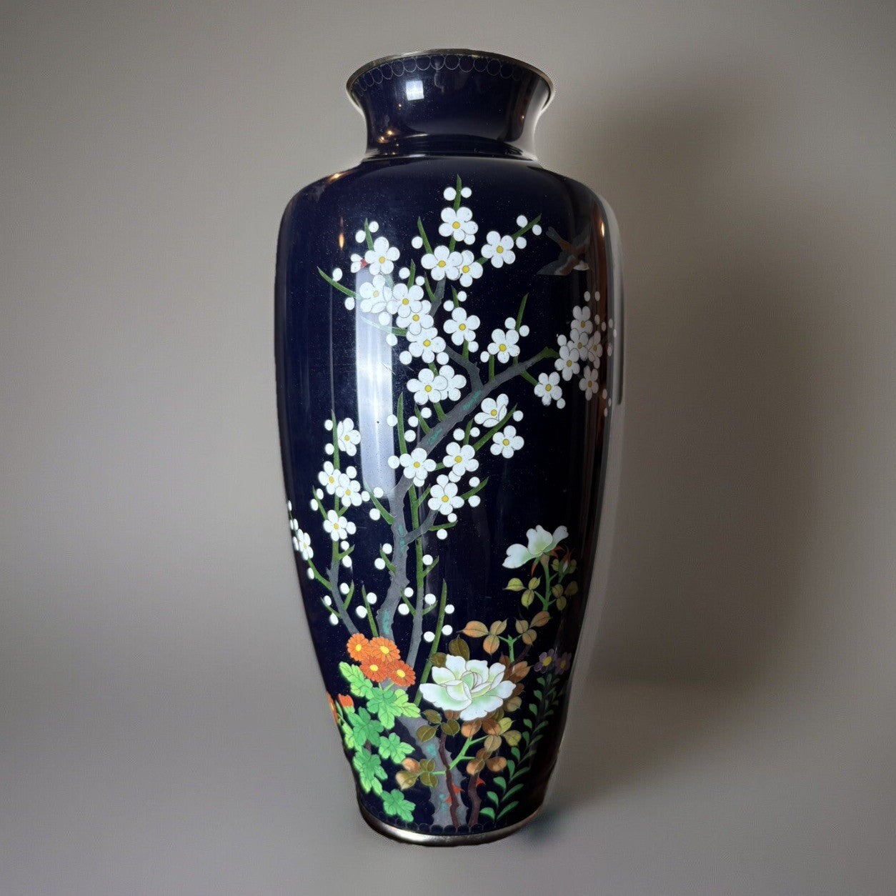 Old Cobalt Blue Japan Vase Bird Blossom Branch Cloisonné 9.5” See Pics Damage