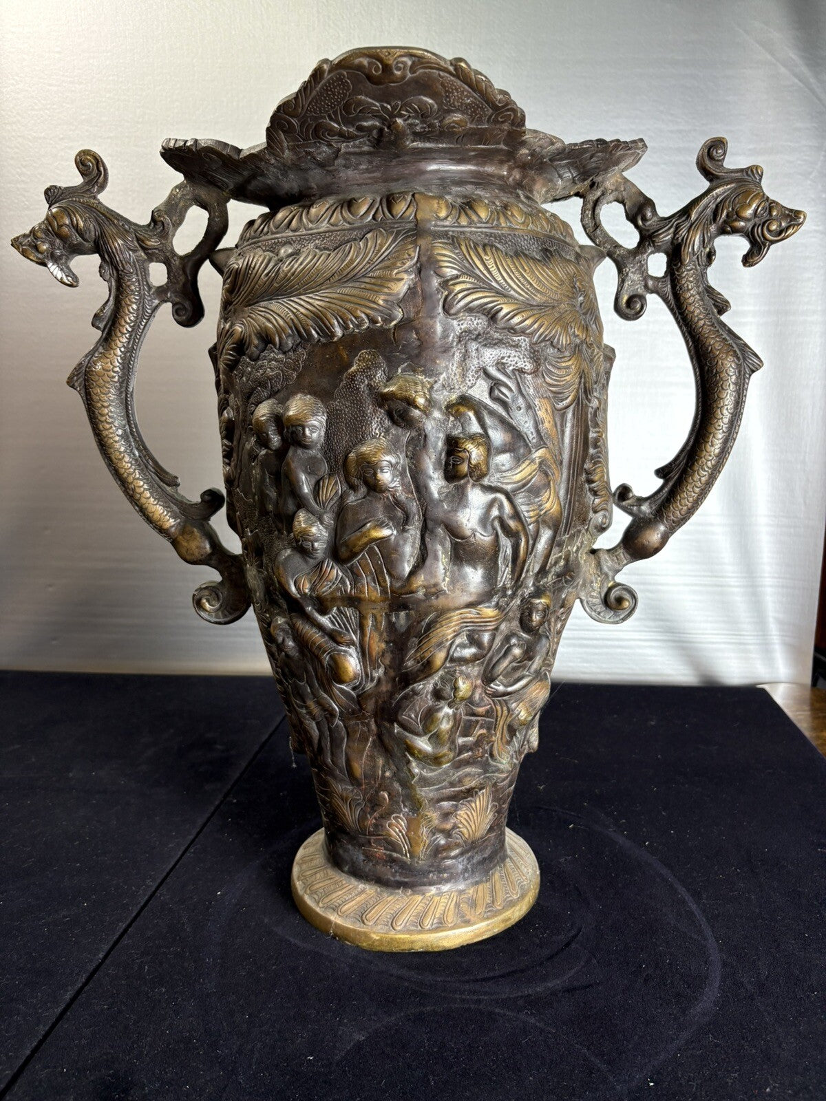 18” Rare Antique Bronze Urn Dragon Handles Mythological Relief 19th Century Art
