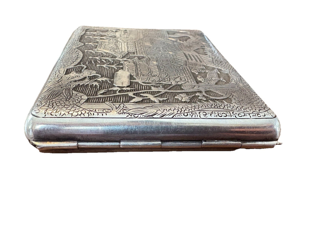 Antique Japanese TOKYO SOLID SILVER Case Dragon & Pagoda Scene 1900 Hand Engrave