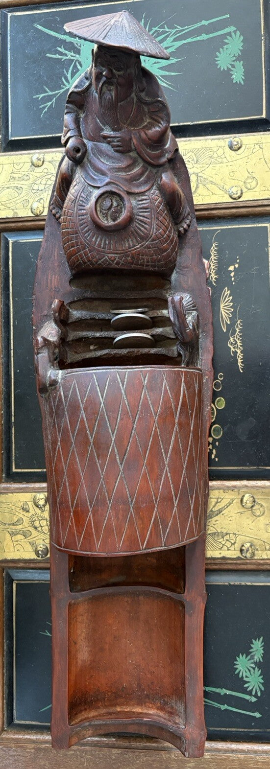 Large Antique Chinese Bamboo Carved Asian Man On Boat Incense Burner