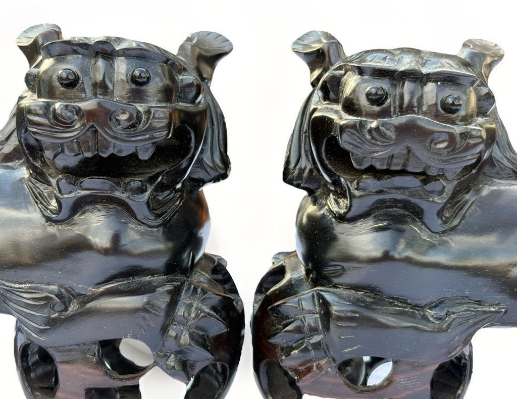 Vintage MCM Hand Wood Carved: Pair of Carved Wood Foo Dogs Pair