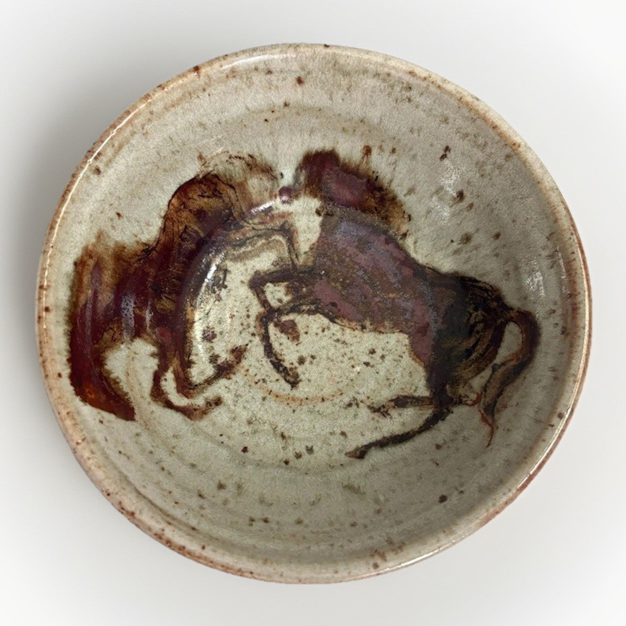 Rare hand Painted Pottery Bowl  With a unique Design of 2 Horses 8”
