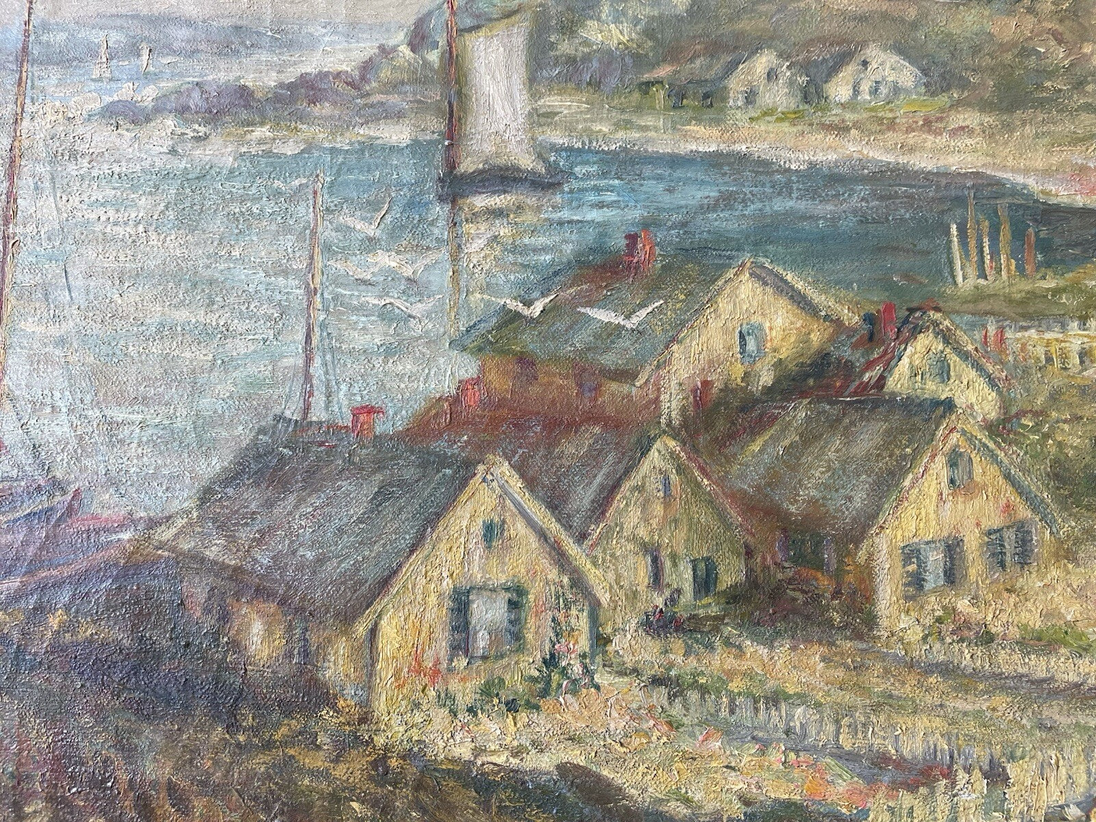 HARRY MELIN Fisherman Village With Sailboats in oil on canvas37” X 22”