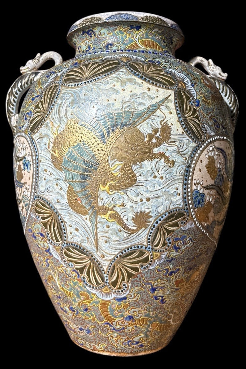 Large 1800s Satsuma Kinkozan Vase – Gilt Dragons, Phoenix, Roses, Heavy Enamel
