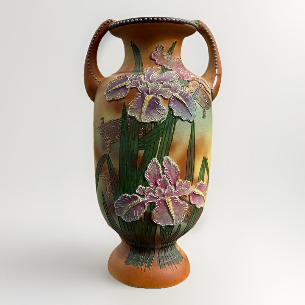 Art Nouveau Iris Vase Double Handle Relief 13” Antique Japanese