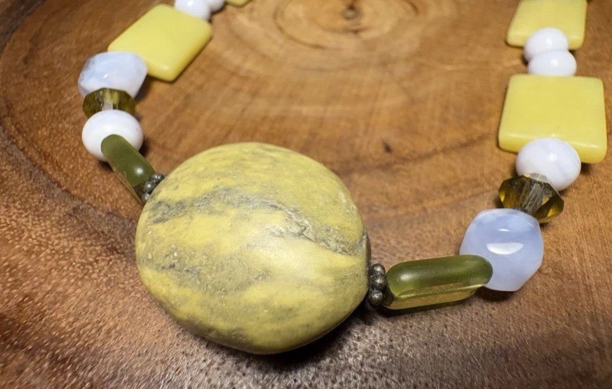 17” Beaded Necklace Yellow Stone, Blue Chalcedony & Sterling Silver Toggle