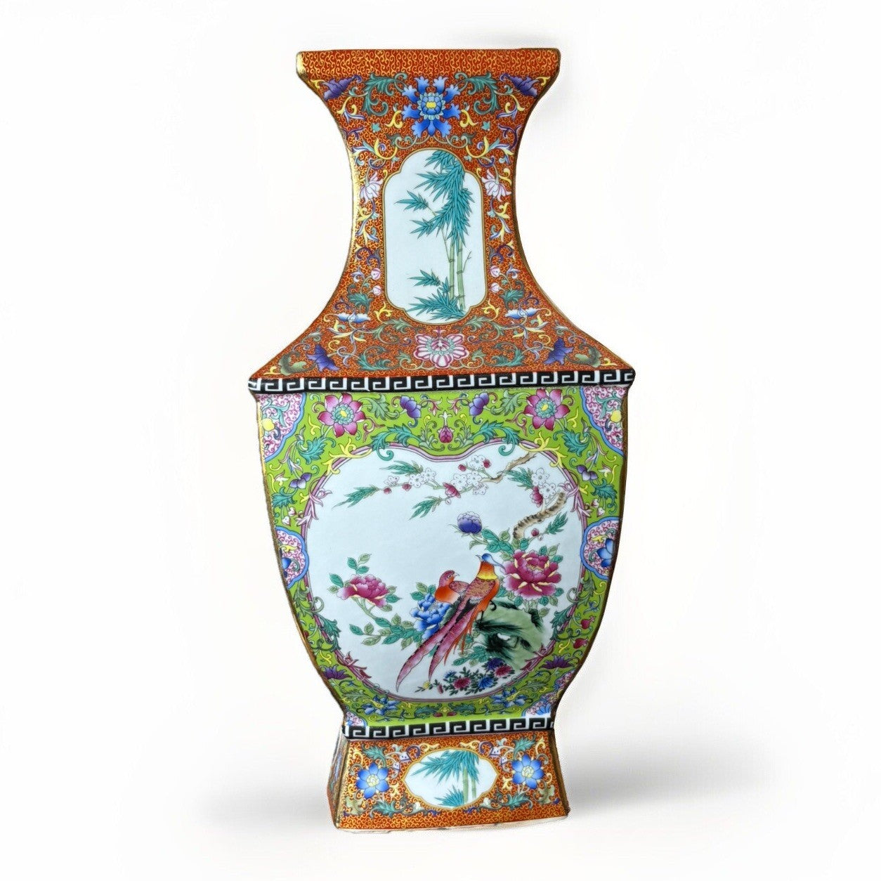 17.5” Chinese enamel flower and bird pattern vase