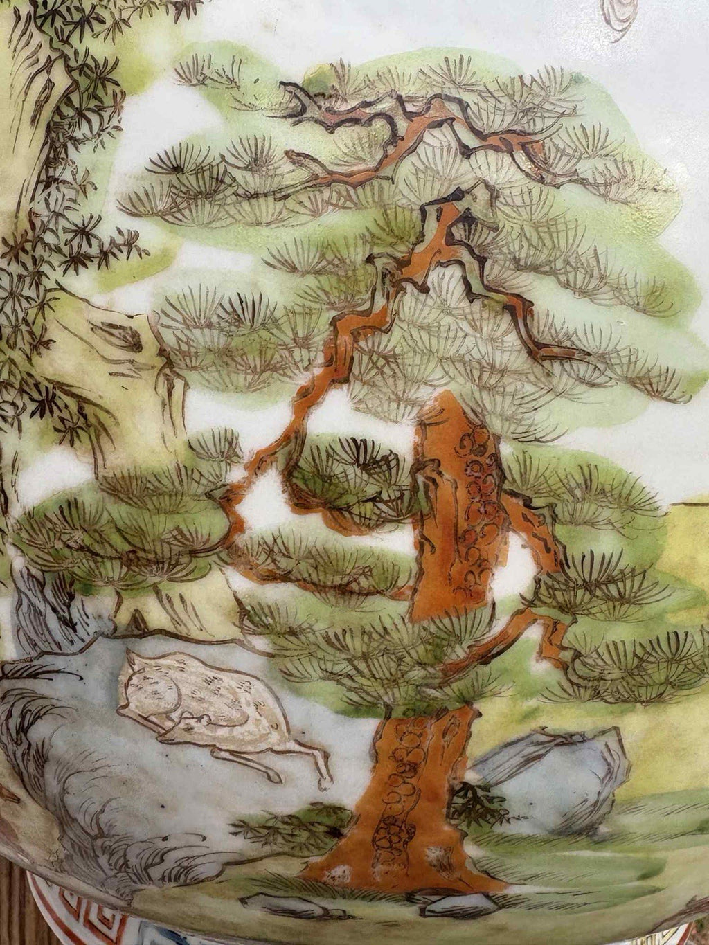 Antique Chinese Famille Rose Deer & Pine Vase Qianlong Mark Late Qing 18”