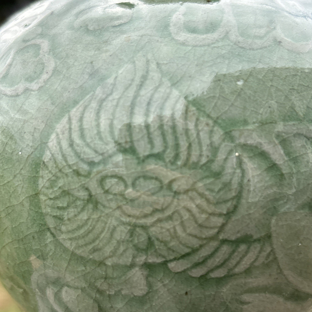 Antique Chinese Celadon Vase Qilin Motif Longquan Style Crackle Glaze