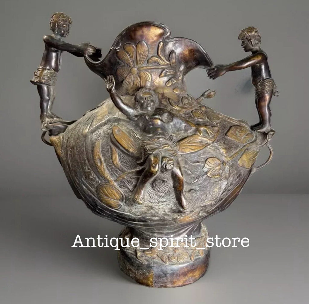 Antique Bronze Art Nouveau Figural Vase Putti Cherubs Floral Relief 20” Tall