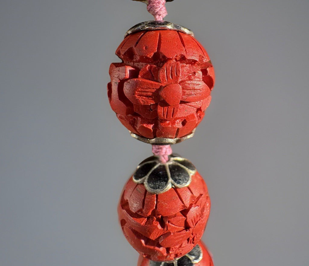 Antique Chinese Carved Cinnabar Bead Necklace – Republic Era, Filigree Clasp