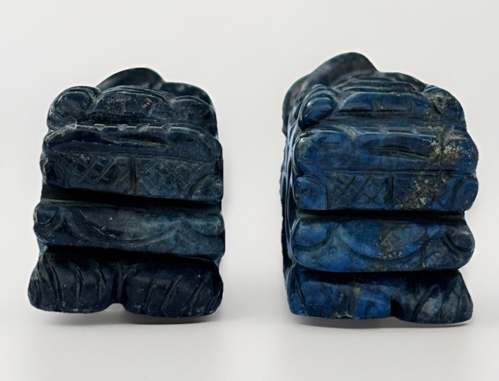 Set of Two Lapis Blue Hand Carved Foo Dogs Sculptures Vintage