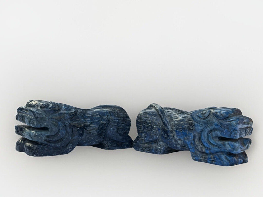 Set of Two Lapis Blue Hand Carved Foo Dogs Sculptures Vintage