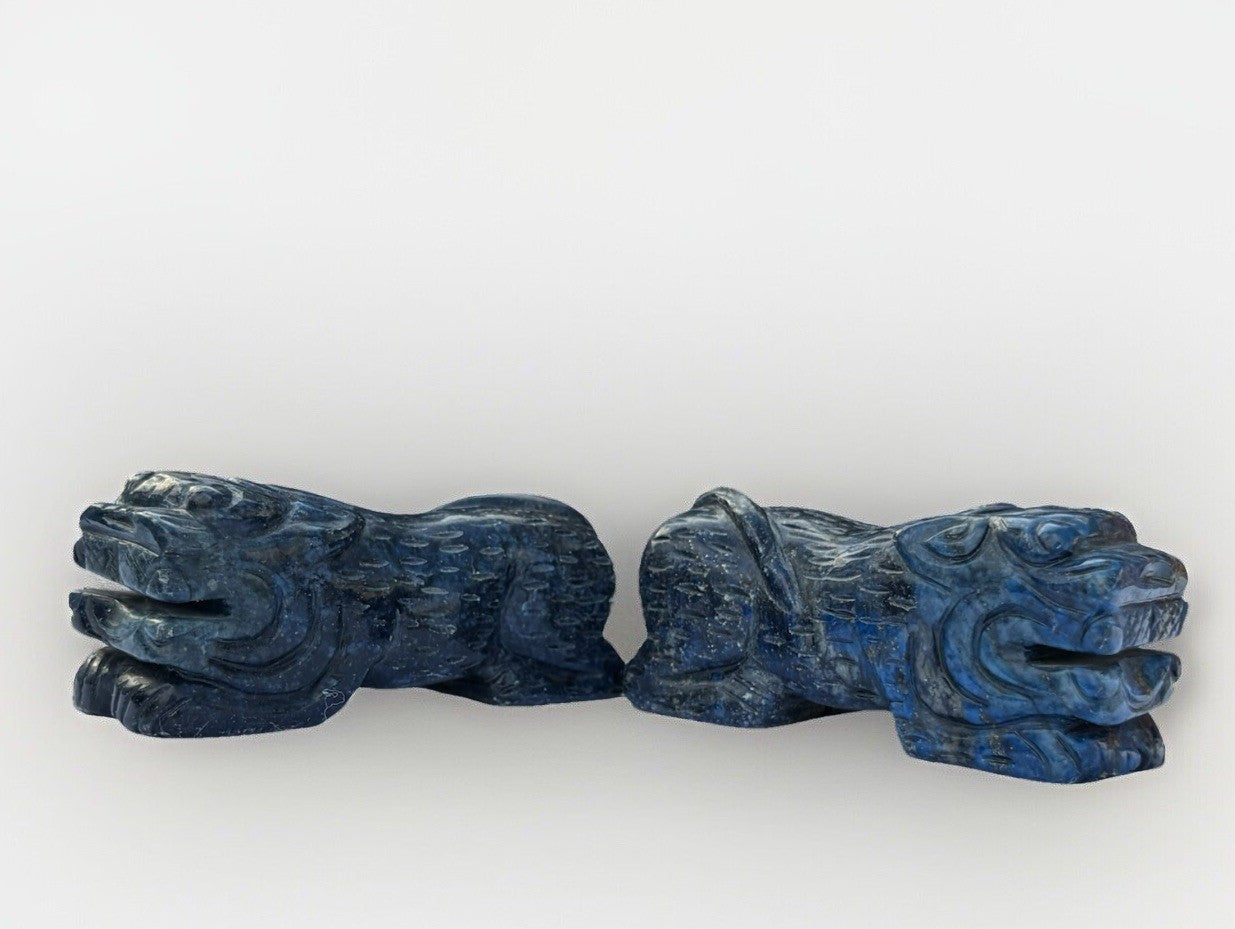 Set of Two Lapis Blue Hand Carved Foo Dogs Sculptures Vintage