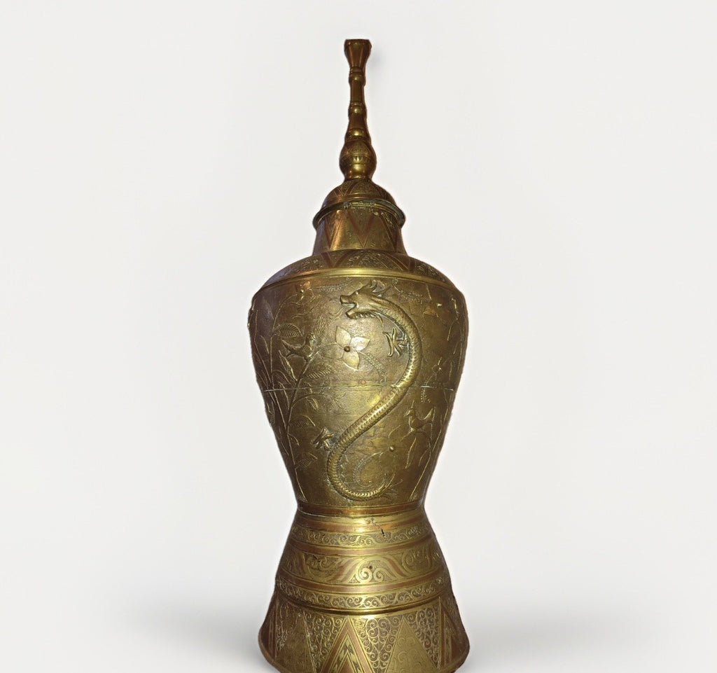 Antique Large Brass Engraved Temple Urn 47.75” Dragon Bird Asian Decor