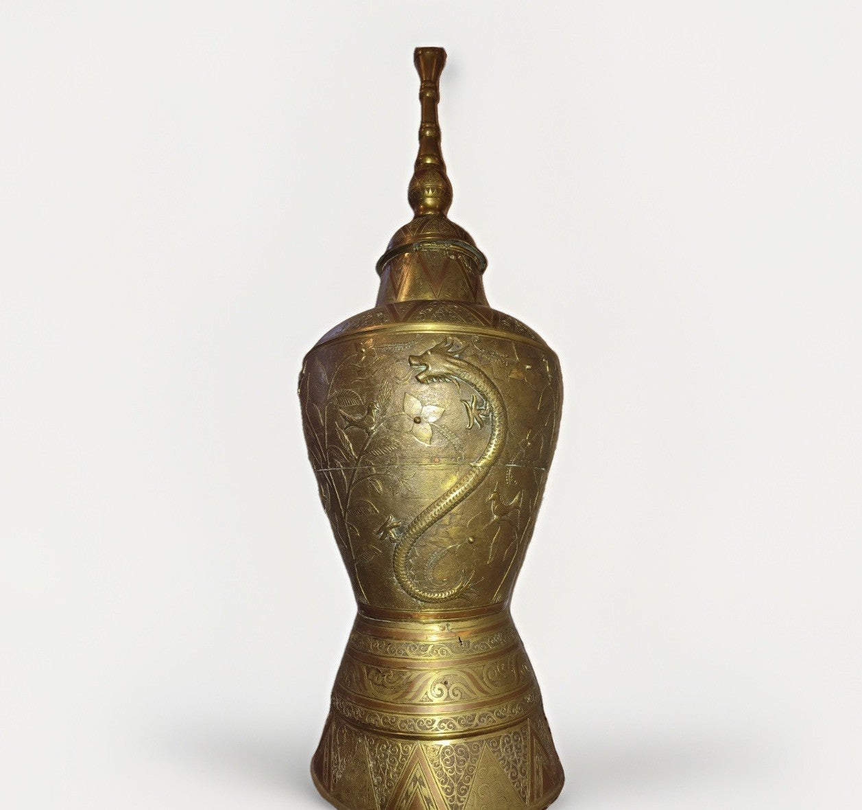 Antique Large Brass Engraved Temple Urn 47.75” Dragon Bird Asian Decor