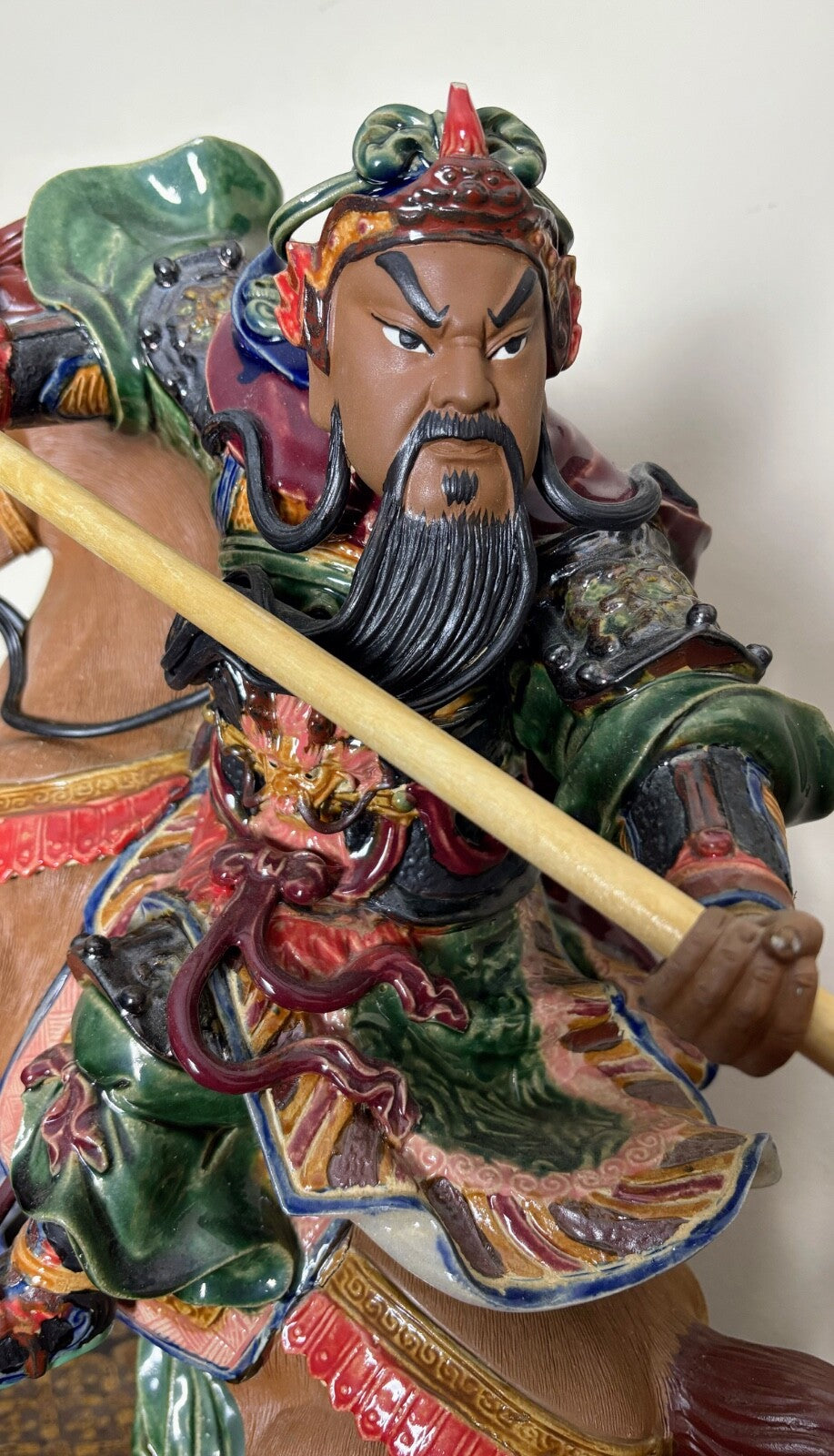 Antique Porcelain Painting Guan Gong Yu Warrior God Ride Horse Knife Statue  22”