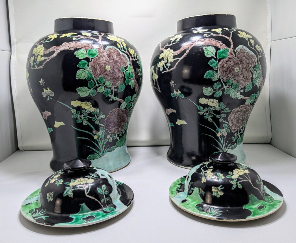 Pair Antique Chinese Famille Noire porcelain Lidded Jars-kangxi Mark Qing Black