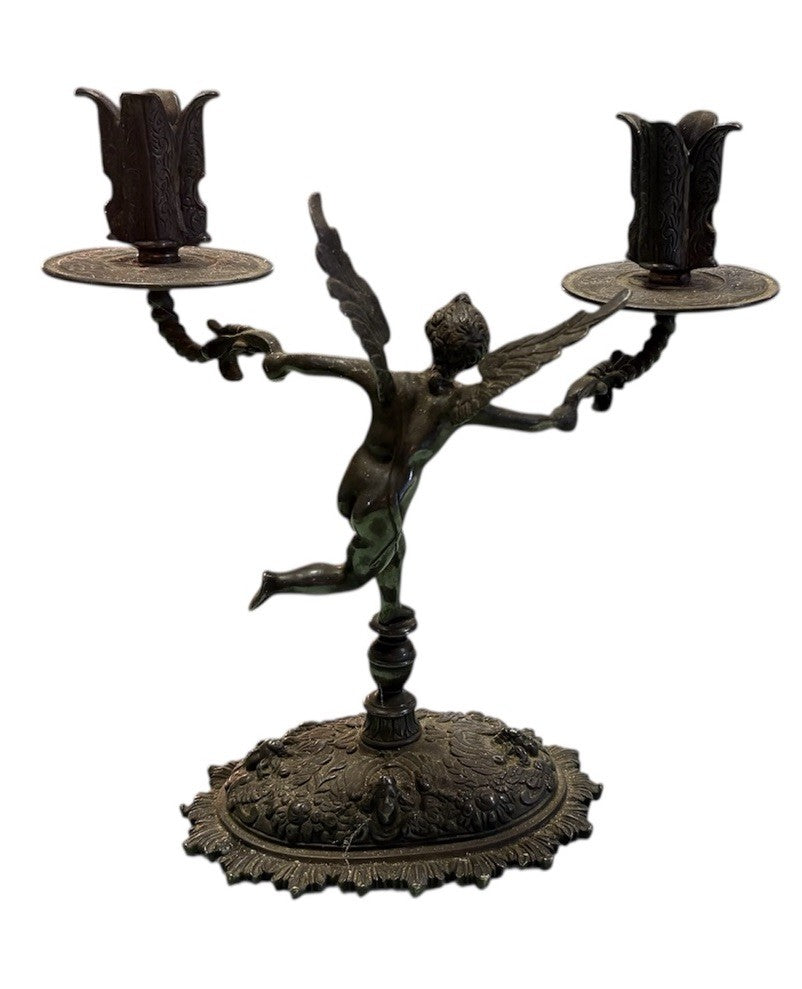 French Bronze Cherub Candle Holder – Art Nouveau Winged Putto Candelabra