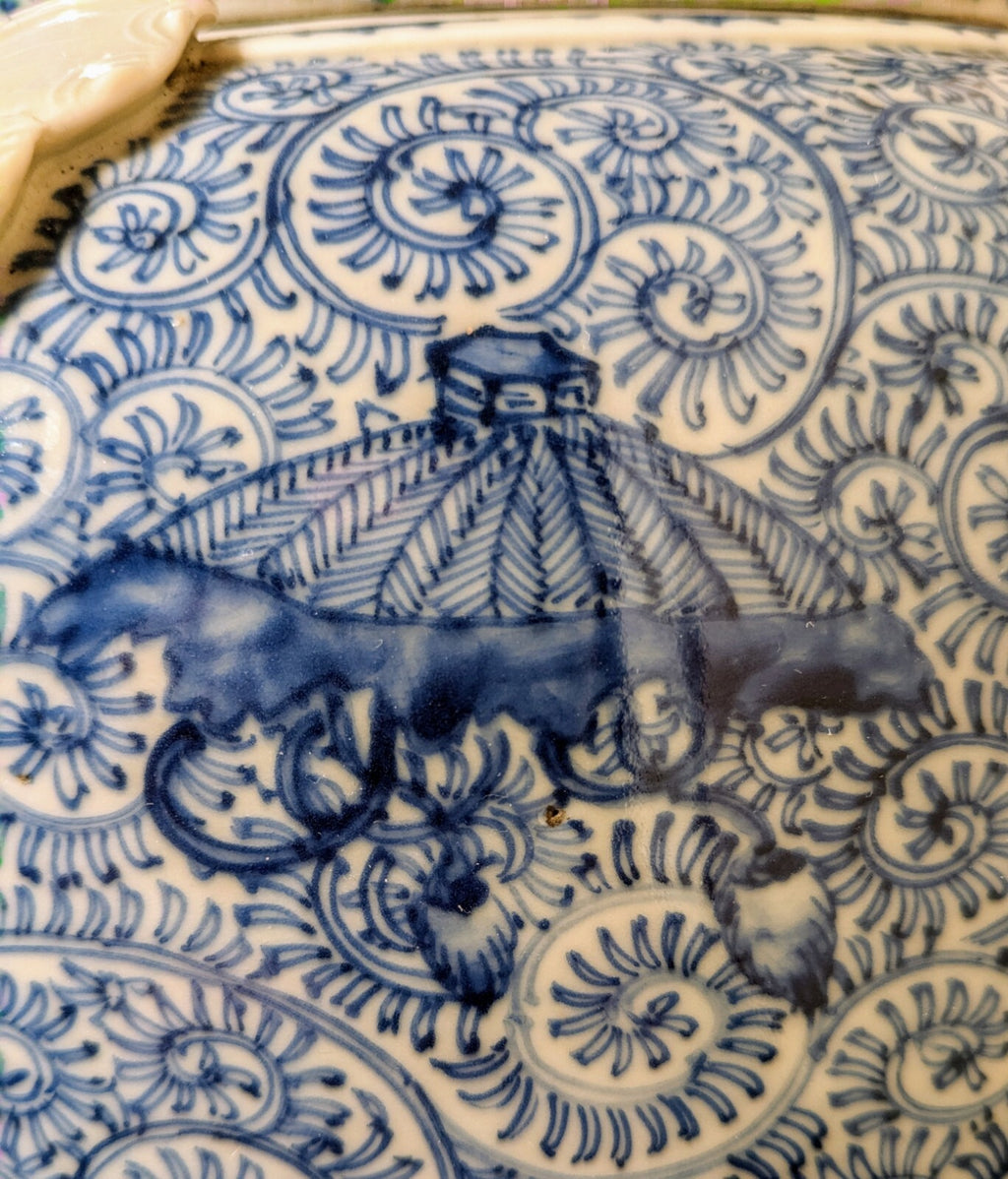 Antique Chinese Blue White Temple Jar Foo Lion Butterfly Handle Qing RARE