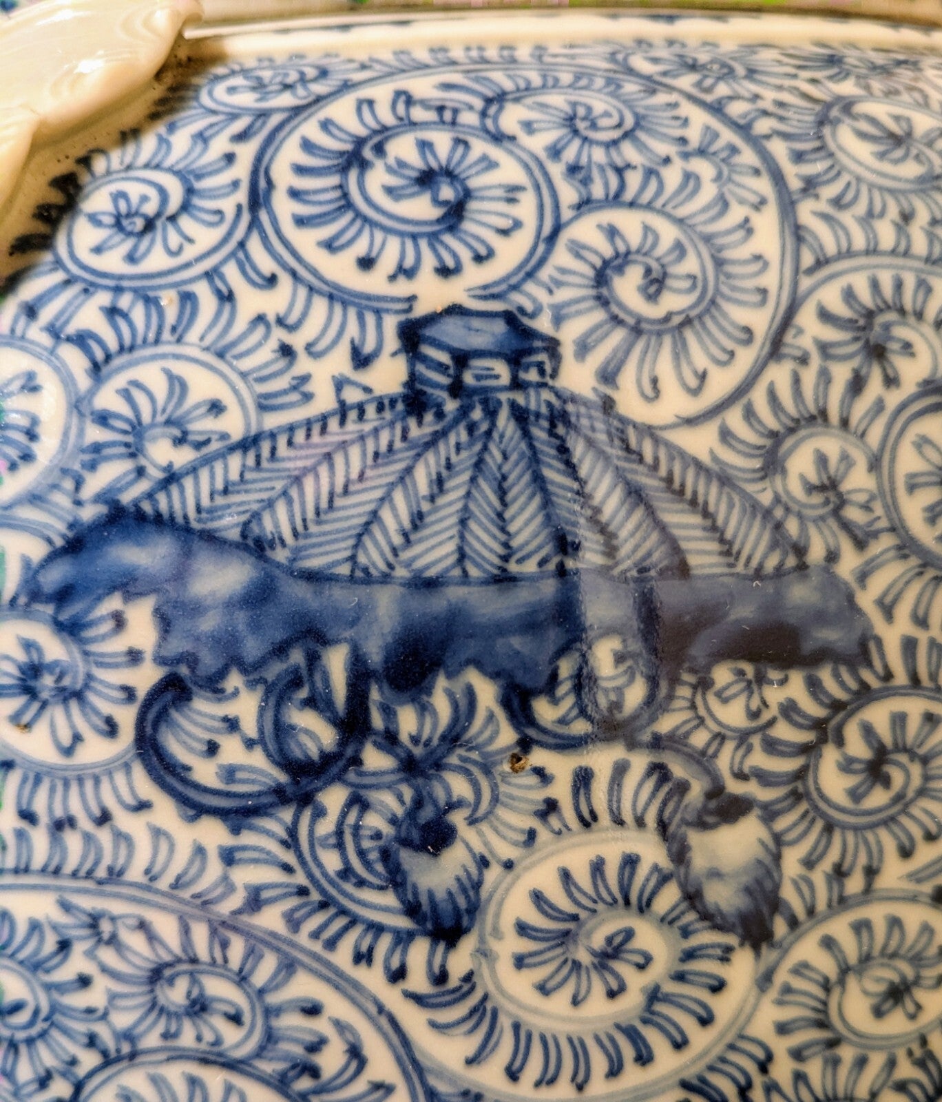 Antique Chinese Blue White Temple Jar Foo Lion Butterfly Handle Qing RARE