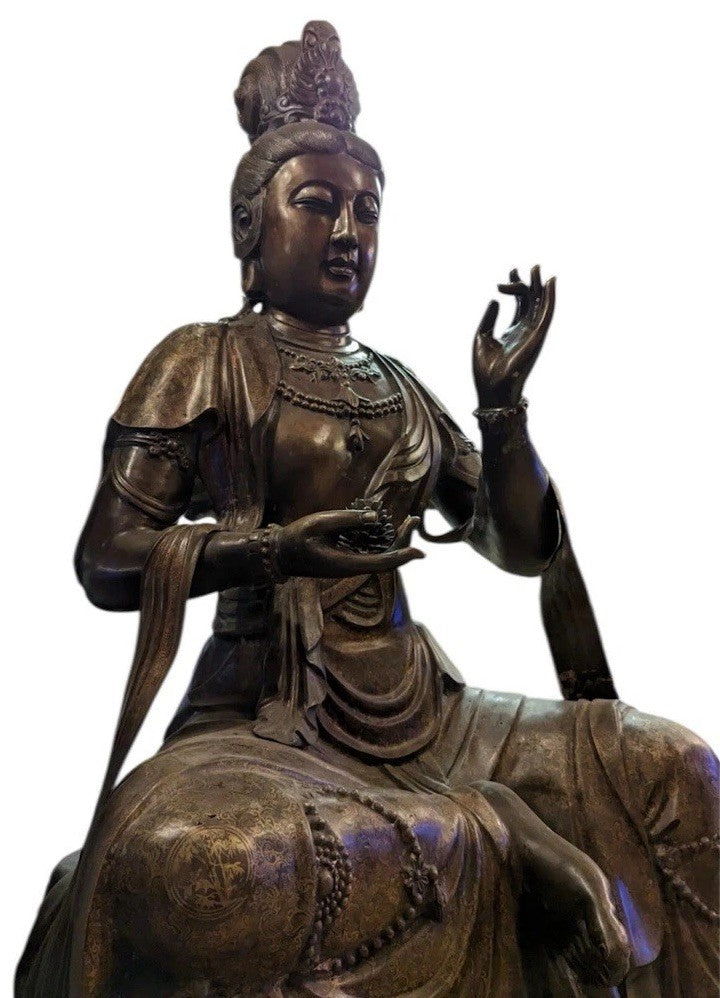 Monumental 5ft Chinese Bronze Guanyin Statue, Ming Xuande Mark, Gilded Robes 19c