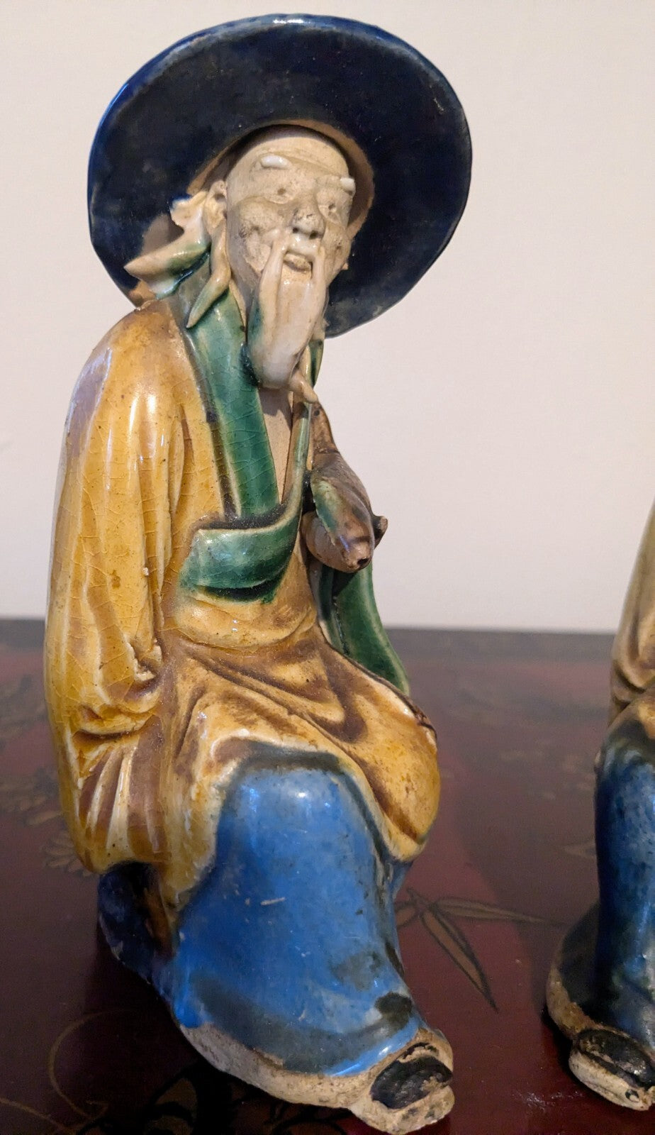 PAIR ANTIQUE MUD MAN 1890-1919 CHINESE FIGURE MAJOLICA POTTERY GLAZED